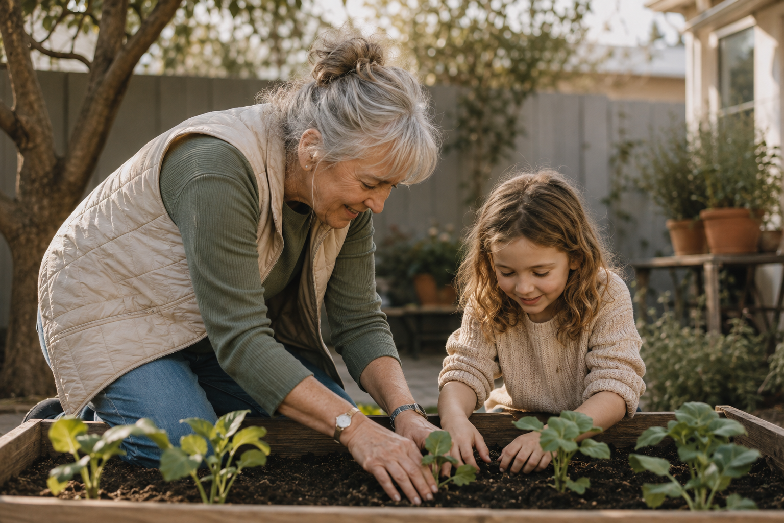 A smiling grandmother gardening with her grandchild
