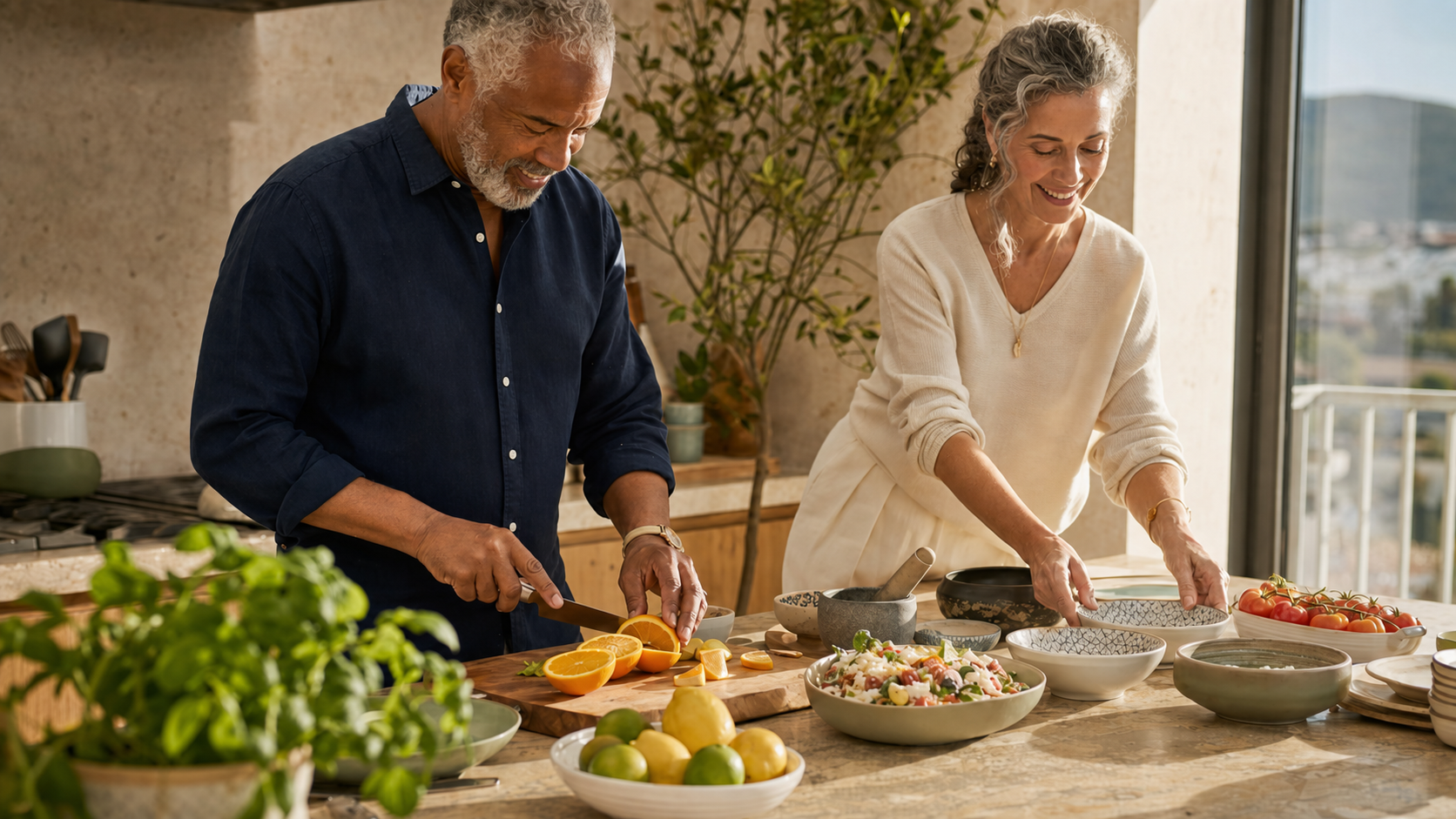 An older couple smiling naturally while preparing a meal together
