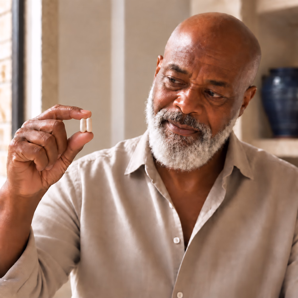 The same man looking warmly at exactly two small capsules pinched against a clear background