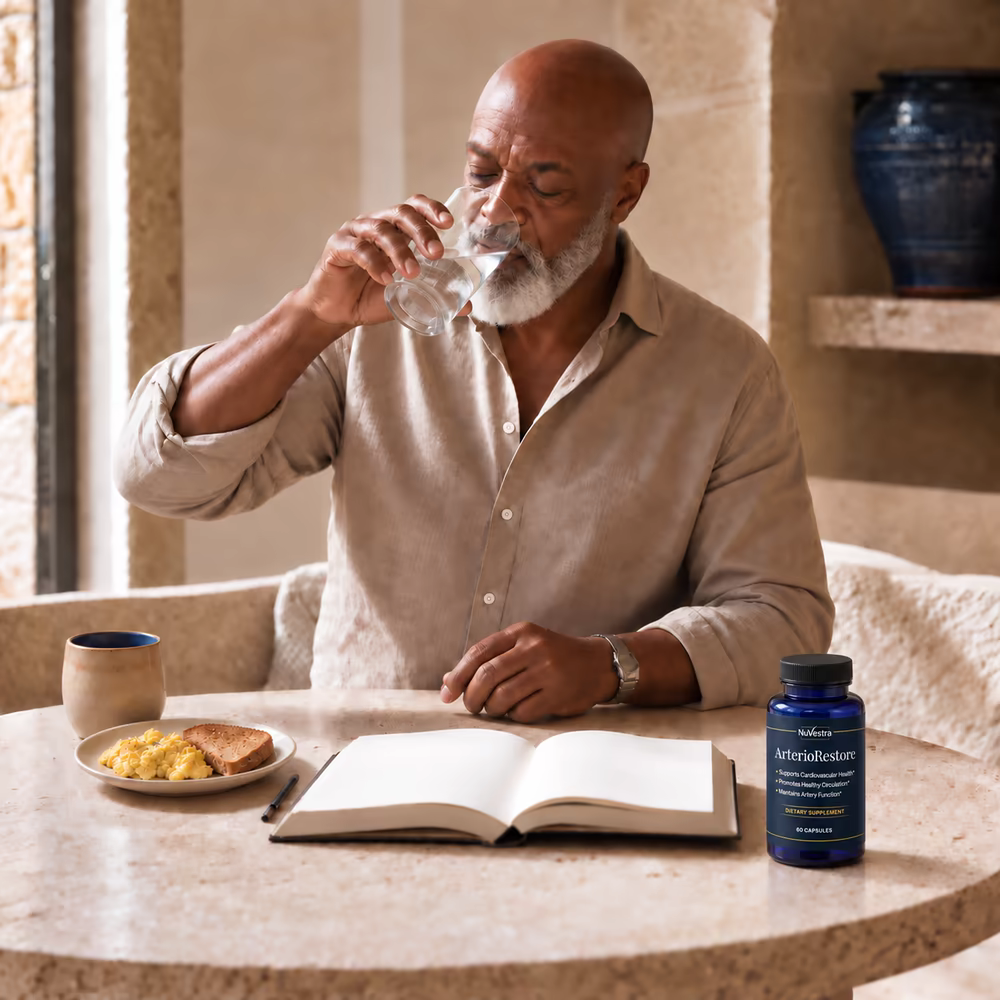 The same older man calmly drinking water with ArterioRestore integrated naturally on the breakfast table