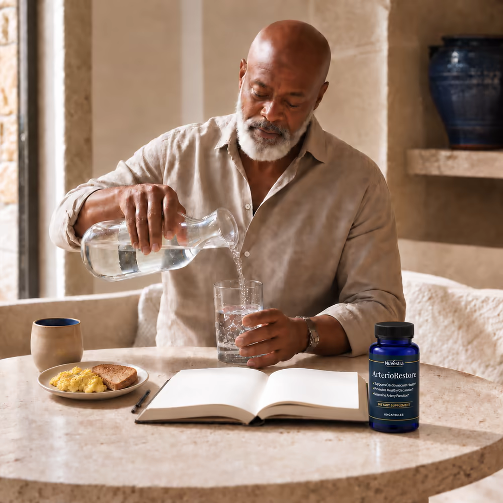 The same older man calmly pouring a fresh glass of water with ArterioRestore integrated naturally on the breakfast table