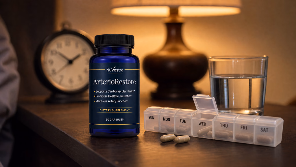 ArterioRestore beside water and a weekly pill organizer